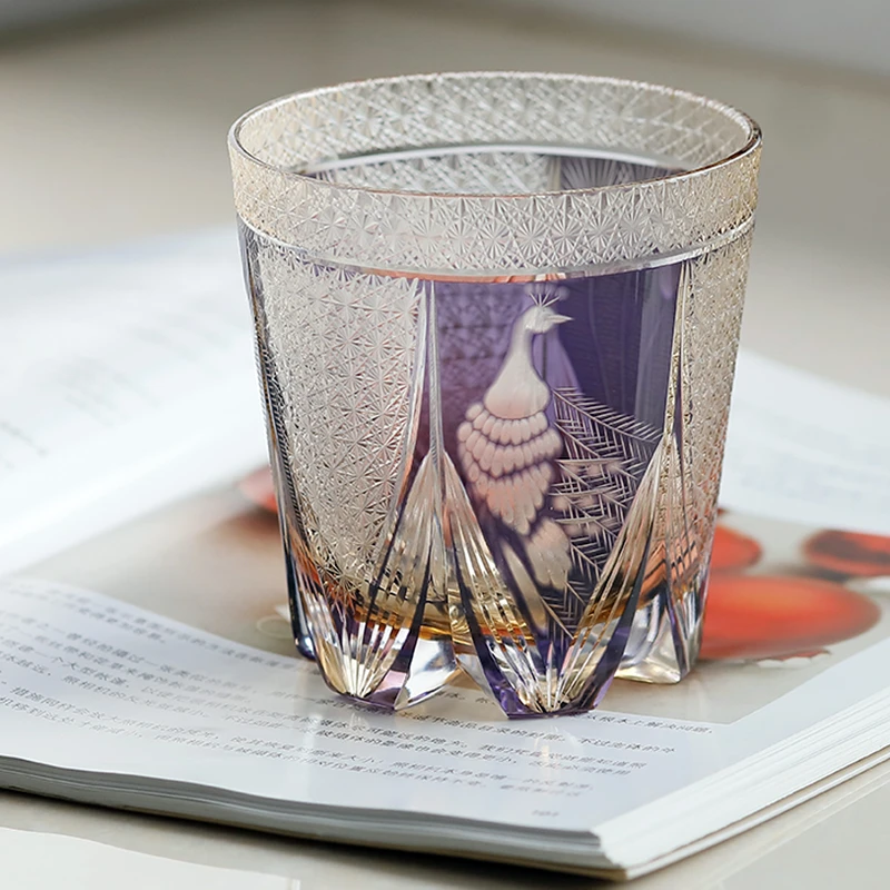 紫色孔雀日式江户切子威士忌杯洋酒杯手工家用酒杯创意果汁杯