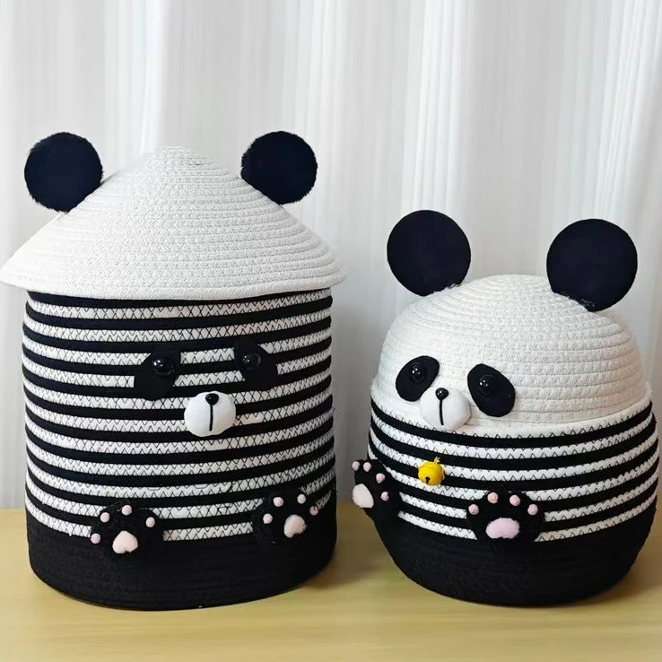 A熊猫二件套棉绳带盖卡通收纳筐儿童玩具收纳桶两件套熊猫大侠