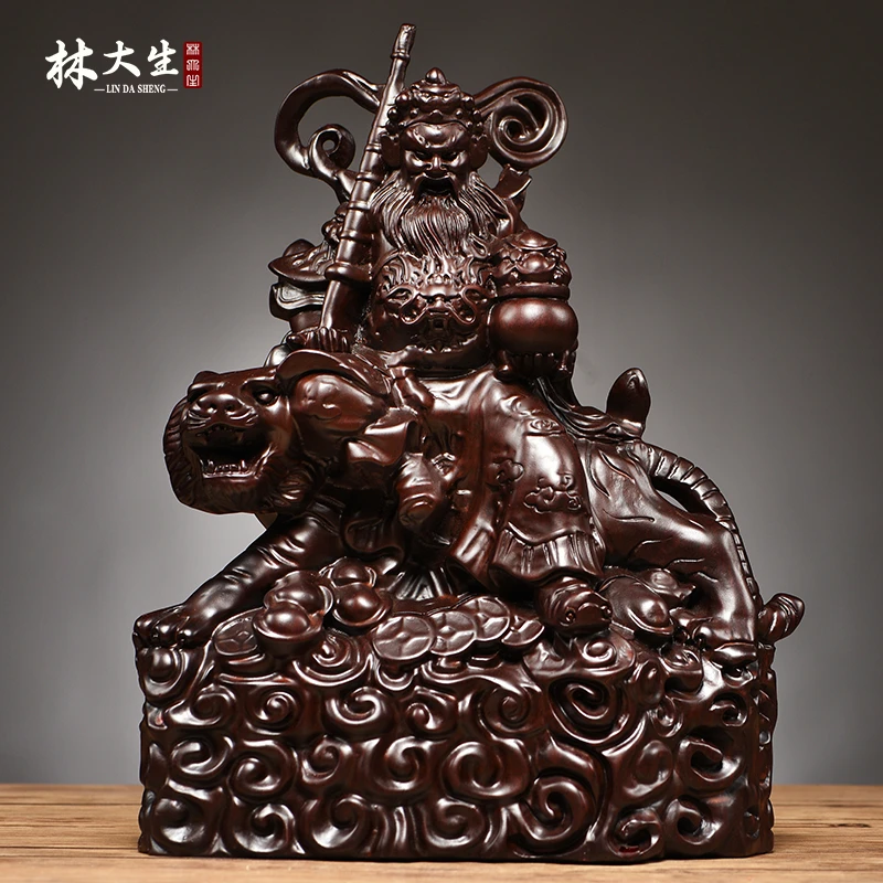 黑檀木雕刻武财神骑虎赵公明神像摆件家居公司装饰工艺品开业送礼