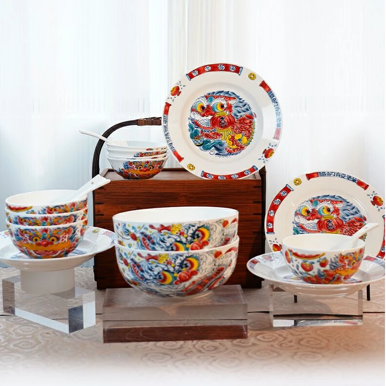 拙明院【 醒狮十八头】景德镇原创国潮高温釉下彩中式餐具套装礼盒