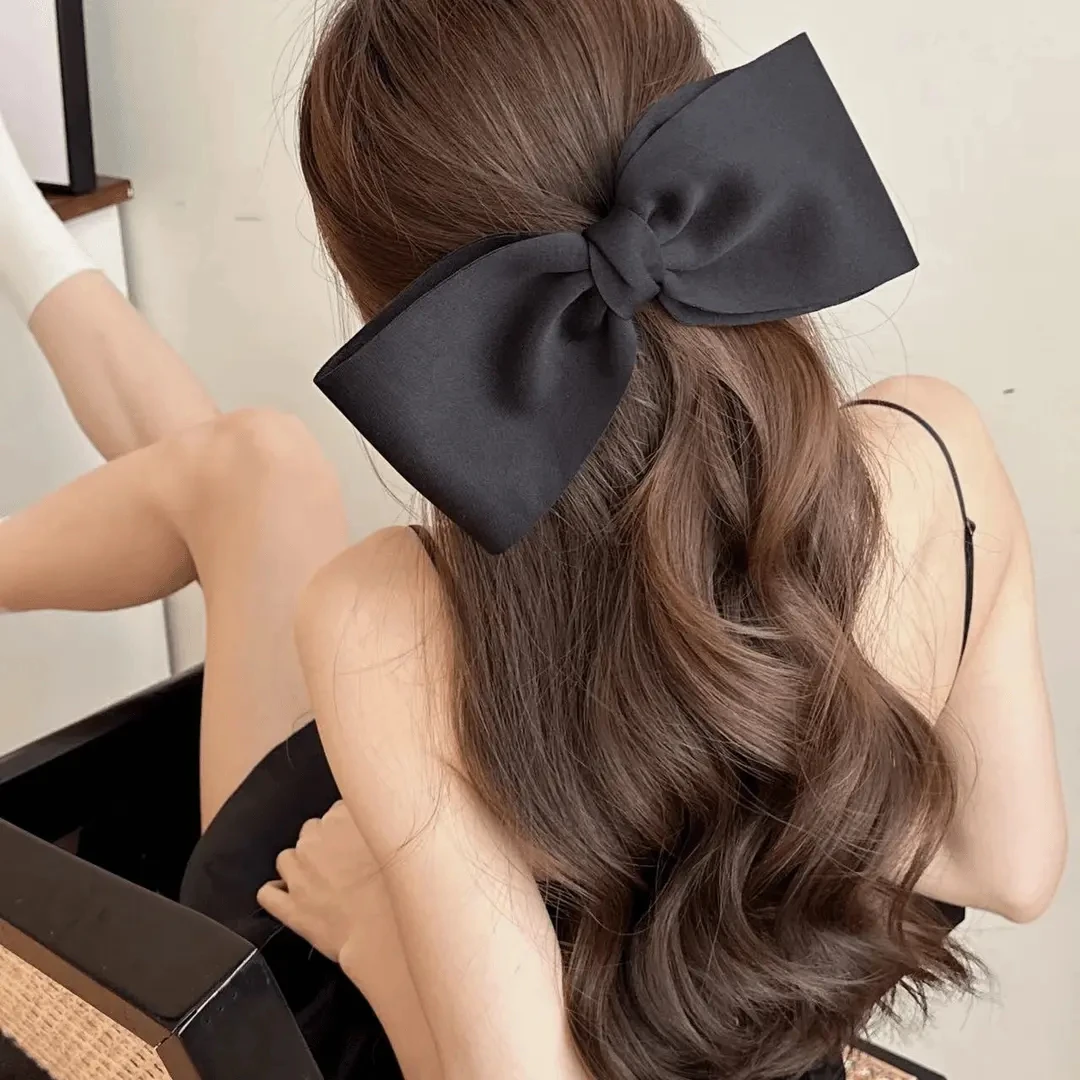 Bigger！新款加大号蝴蝶结鸭嘴夹空气棉复古气质法式黑布艺发夹ins