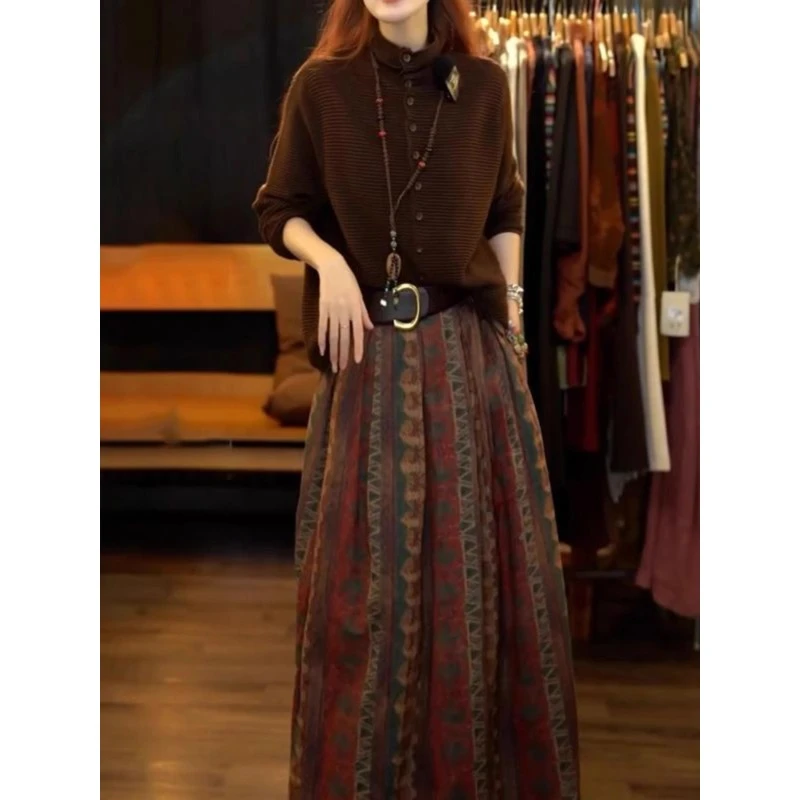 复古文艺风裙套装女秋冬新款时尚休闲百搭纯色针织衫半身裙两件套