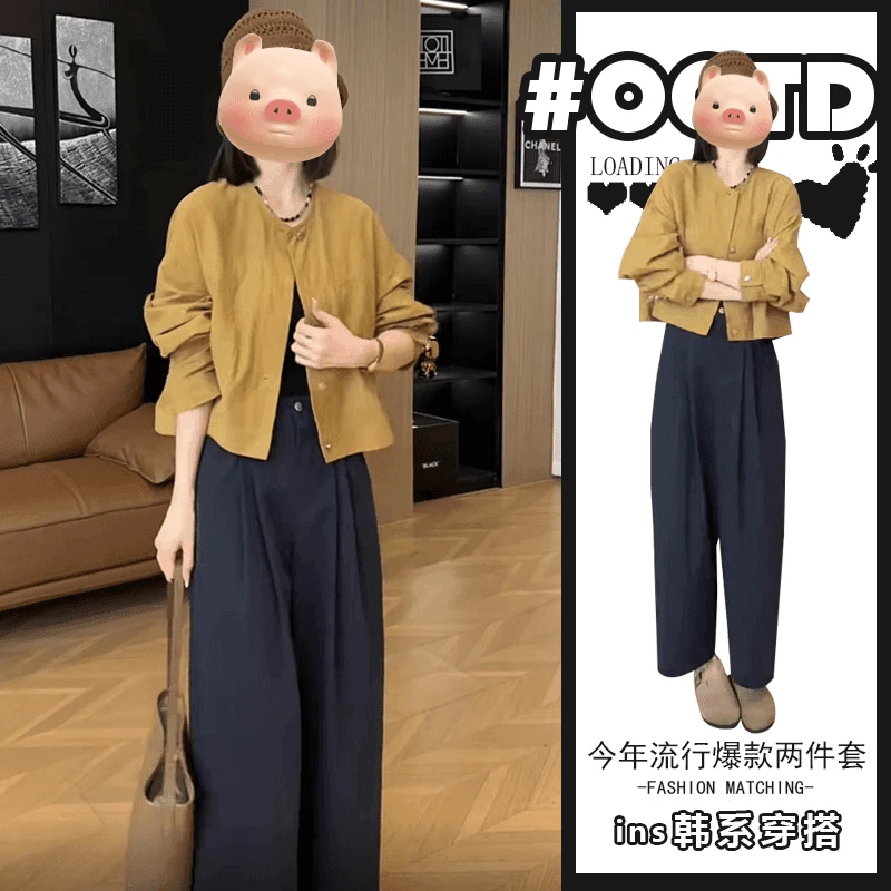 2025新款春秋套装女时尚复古长袖衬衫外套+高腰显瘦阔腿裤两件套