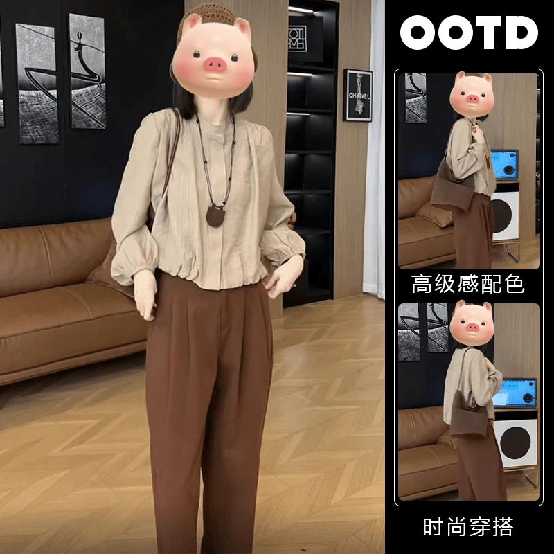 2025春秋新款洋气百搭长袖衬衫时尚显瘦休闲裤盐系轻熟两件套装