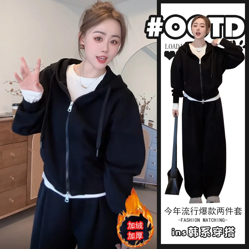韩版宽松减龄连帽开衫卫衣高腰显瘦休闲裤梨形身材运动套装穿搭潮