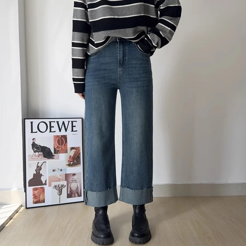 木木崧大码直筒裤女秋季长裤蓝色高腰弹力休闲显瘦胖mm百搭牛仔裤