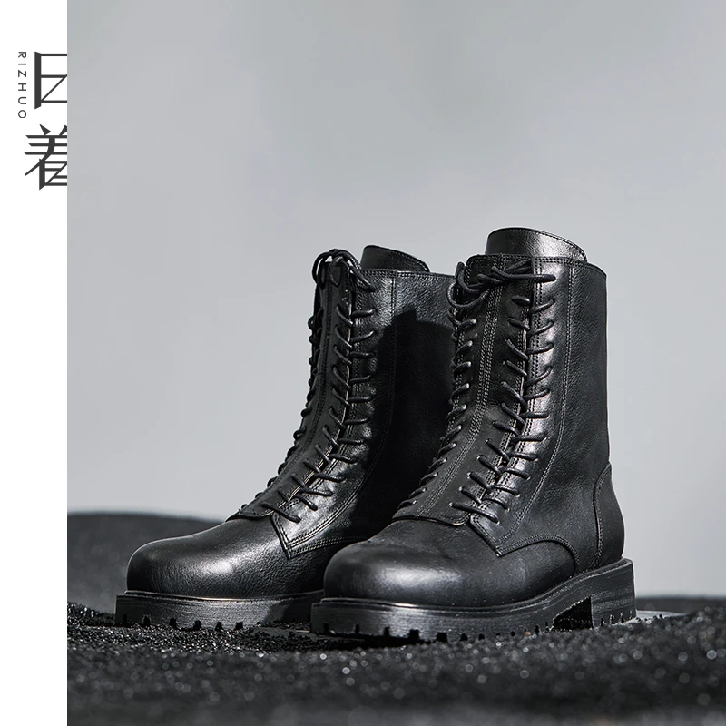 日着原创设计女鞋秋冬百搭厚底真牛皮马丁靴时尚中筒靴子RC8491X2