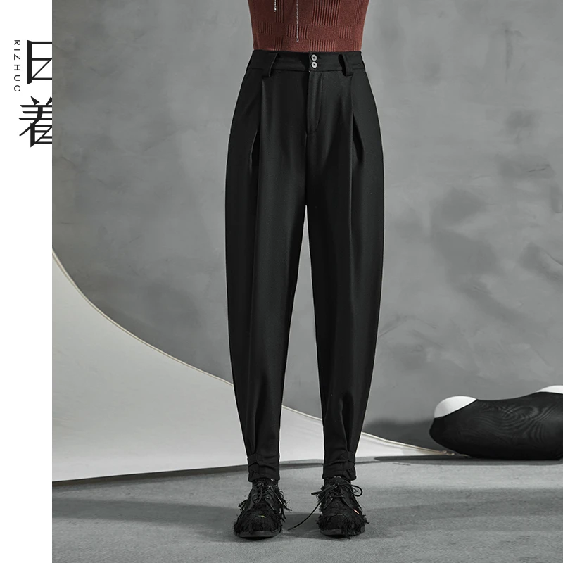 日着原创女装春秋宽松黑色休闲裤子百搭休闲束脚哈伦裤女RC8142K1