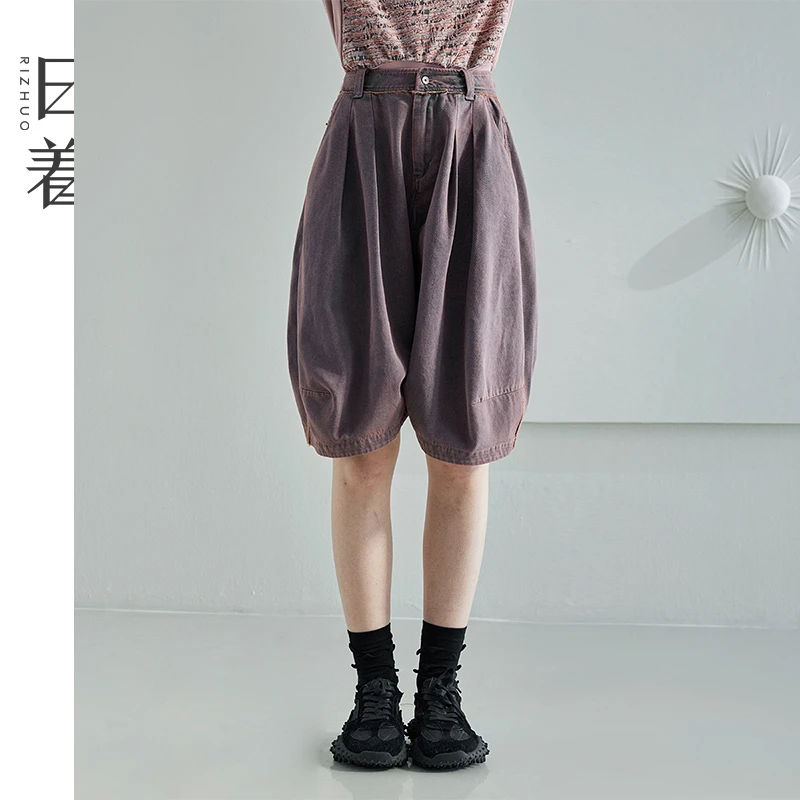 日着原创设计女装新款小众别致休闲宽松阔腿牛仔五分裤子RC2448K3