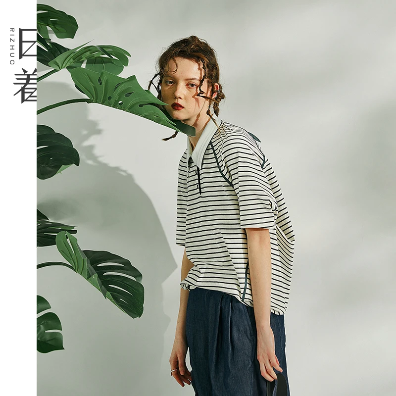 日着原创女装2025夏季新款宽松条纹POLO领短纯棉短袖T恤Z24X1072T