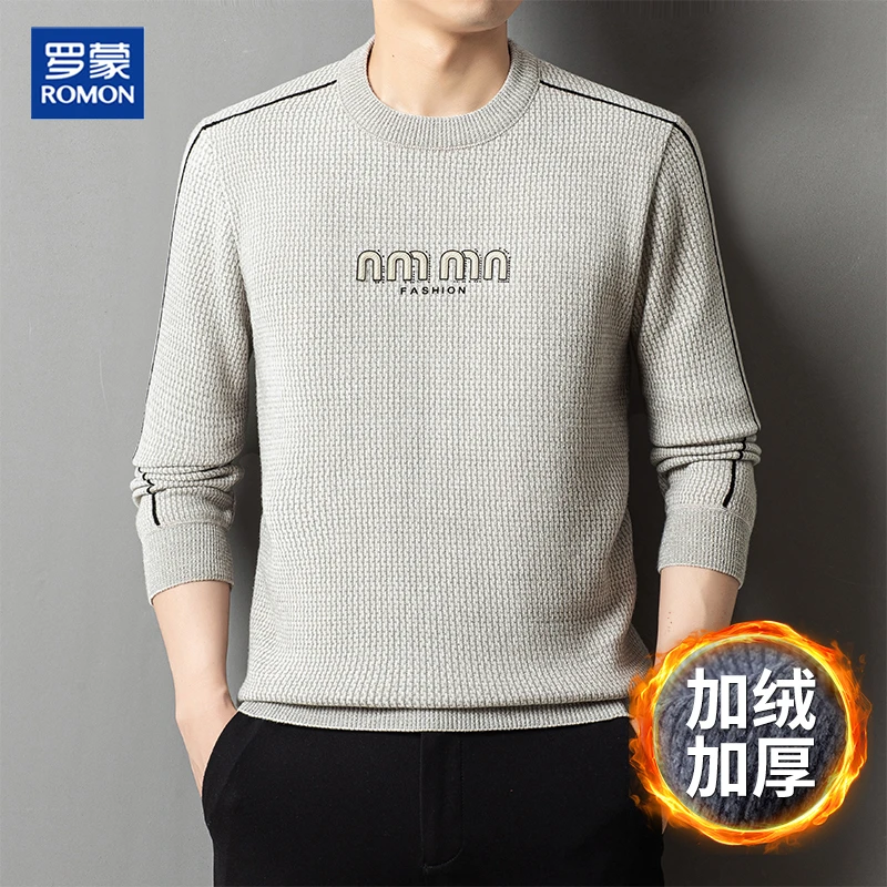 Romon/罗蒙冬季新品休闲百搭时尚高档圆领加绒加厚保暖男士上衣