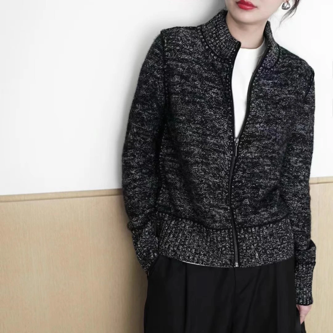 奢华 加厚100%澳洲羊毛衫女高领拉链 开衫花纱双拉链立领开衫外套