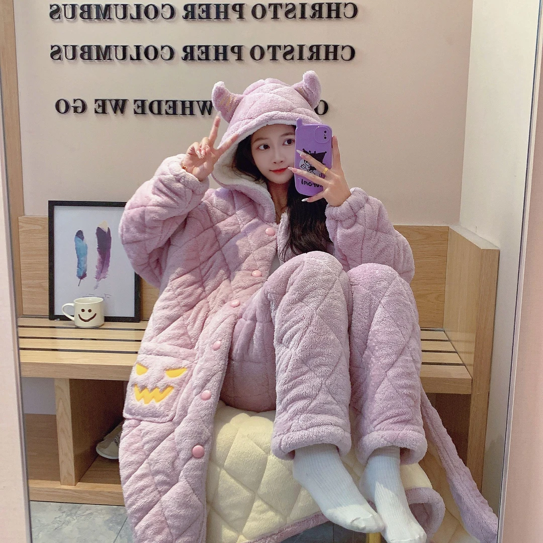 2024爆款睡衣女三层夹棉睡袍套装加厚珊瑚绒加厚保暖可外穿家居服