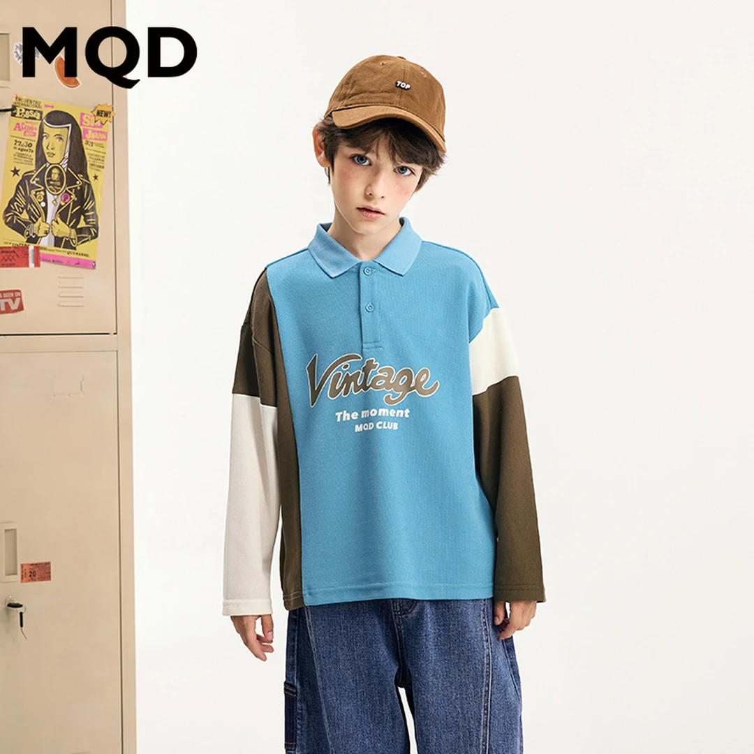 MQD童装秋季新品撞色学院风翻领长袖POLO衫9643W0402