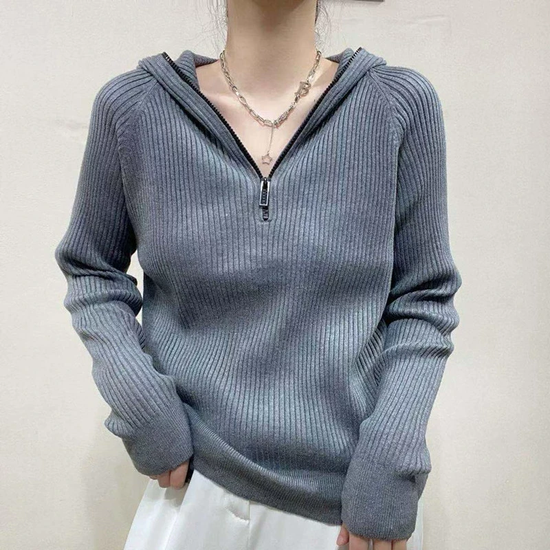 2024年秋季韩版连帽针织衫女爆款拉链卫衣宽松半开领套头长袖毛衣