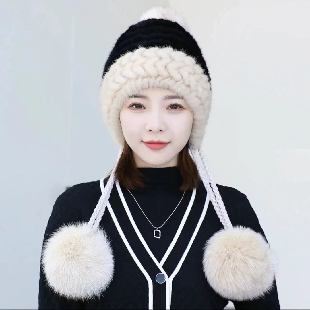 狐狸毛球保暖百搭秋冬包头帽秋冬针织帽水貂貂毛帽子大头围帽子