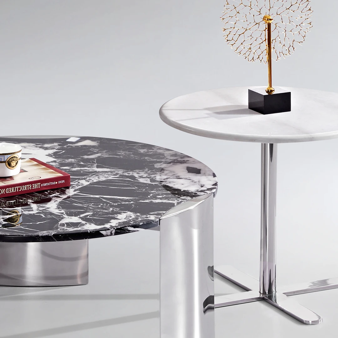 2024新款意式极简客厅大理石茶几组合圆形边几不锈钢茶桌高级感