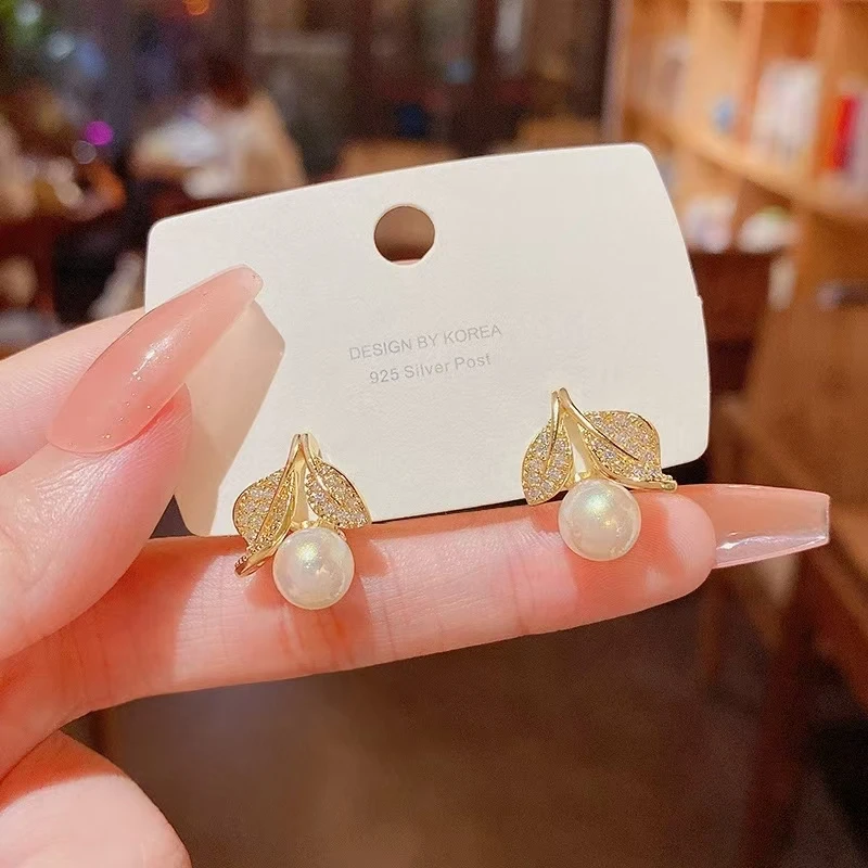 925银针【36】法式复古树叶珠珠耳钉小众独特设计感精致百搭耳饰