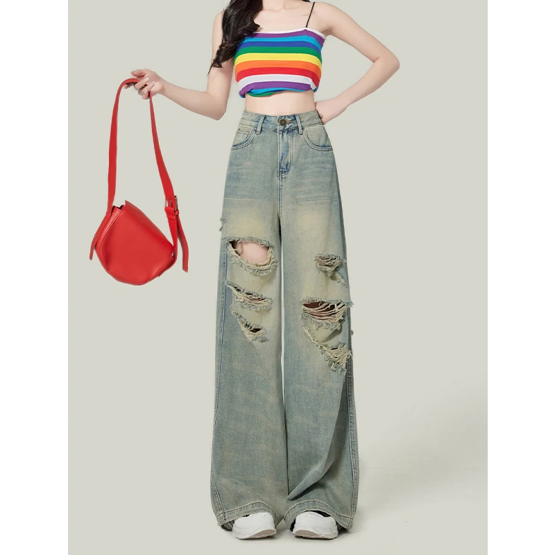 金富客复古高腰阔腿显瘦破洞破洞牛仔裤2024夏季新款设计感直筒裤