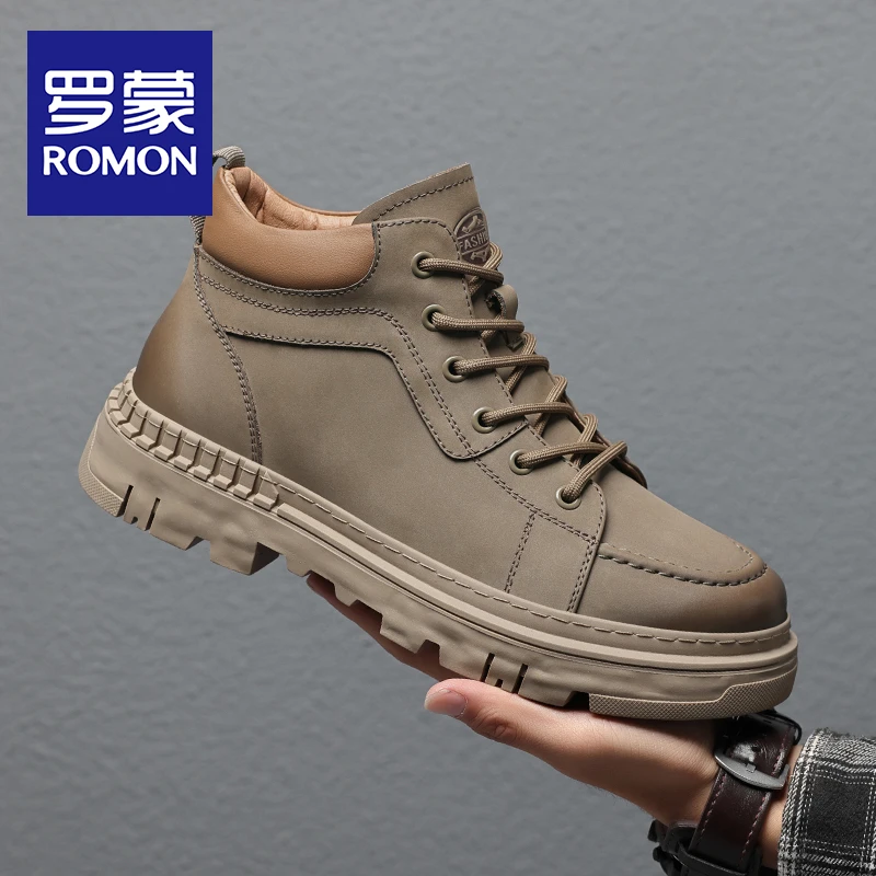 Romon/罗蒙高帮鞋男鞋冬季真皮工装鞋子高邦厚底板鞋加绒保暖棉鞋
