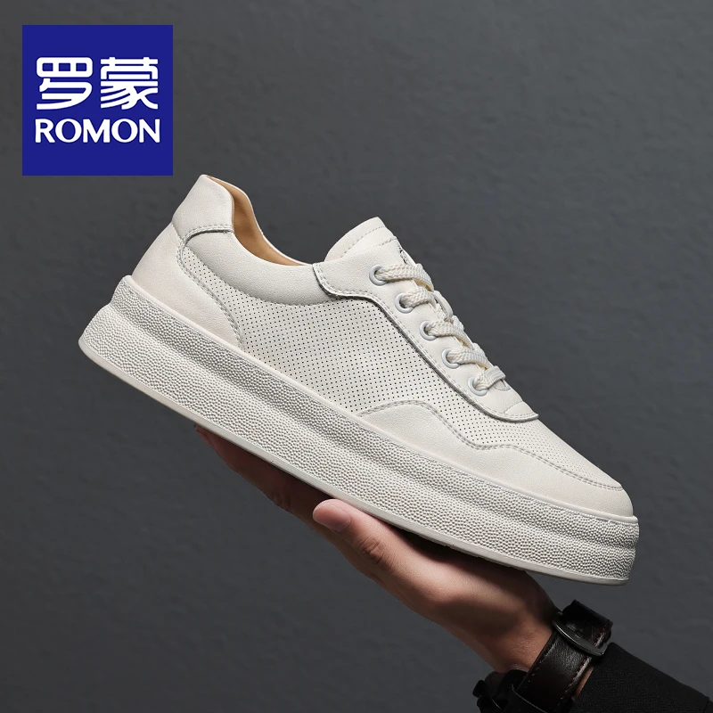 Romon/罗蒙男鞋夏季透气真皮休闲鞋男百搭潮流小白鞋软底男士板鞋
