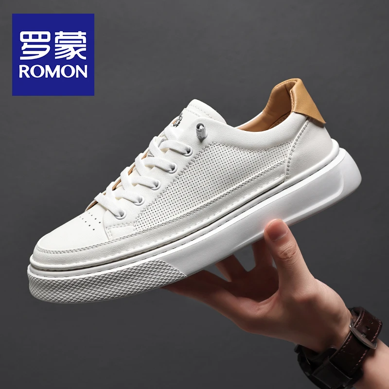 Romon/罗蒙男鞋夏季透气真皮休闲鞋男百搭潮流小白鞋轻便防滑板鞋
