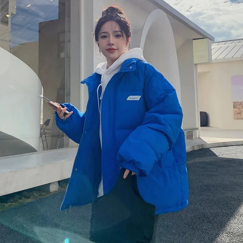 棉服短款女2025秋冬新款情侣韩版宽松学生外套克莱因蓝时尚棉衣