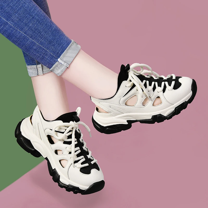 真皮凉鞋女2024新款夏季外穿镂空透气洞洞鞋厚底运动休闲老爹鞋子