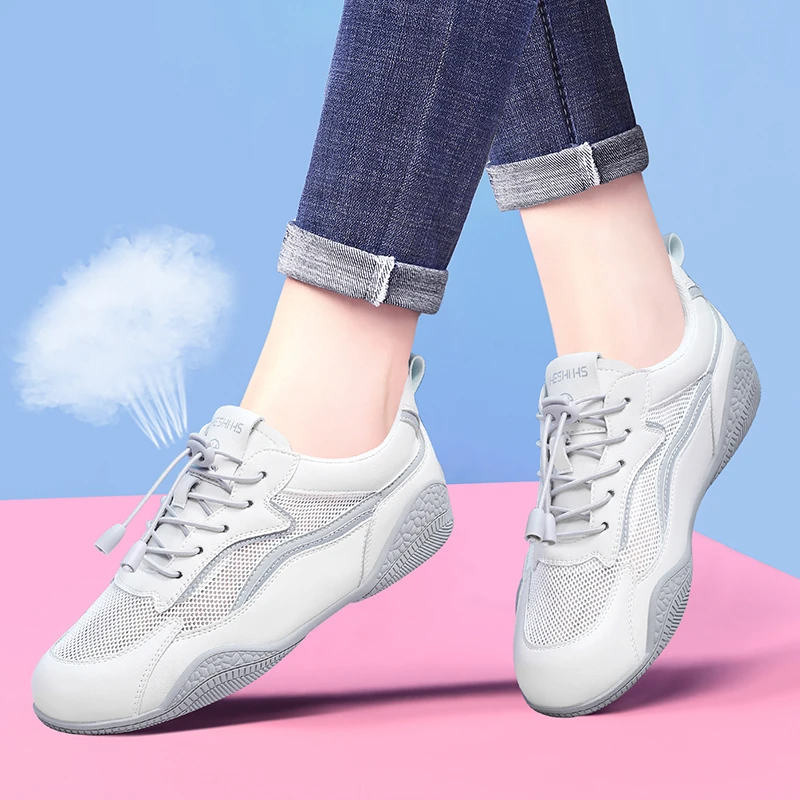真皮小白鞋女鞋新款平底百搭软底2023夏季透气鞋子运动休闲鞋网面
