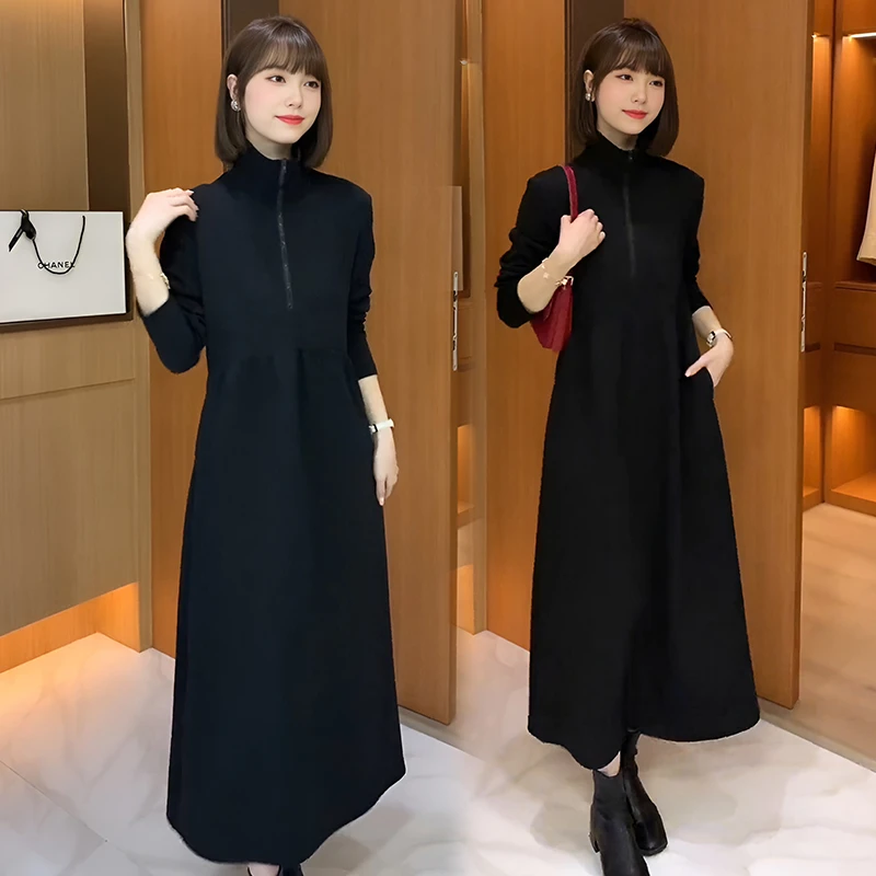 【送腰带】欧货时尚高级立领拉链长袖连衣裙女新款收腰显瘦A字长裙