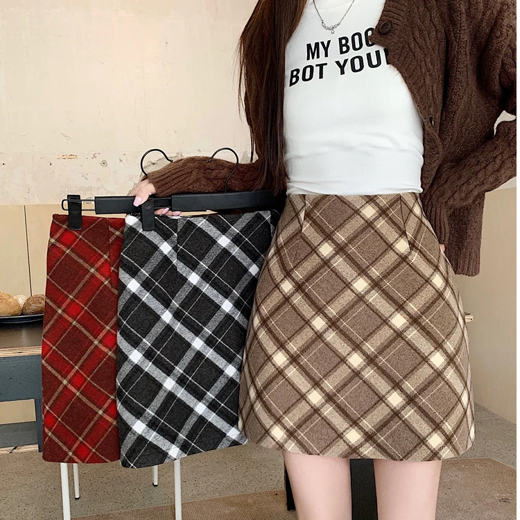 毛呢格子半身裙女小个子秋冬复古格子裙半裙包臀高腰红色A字短裙