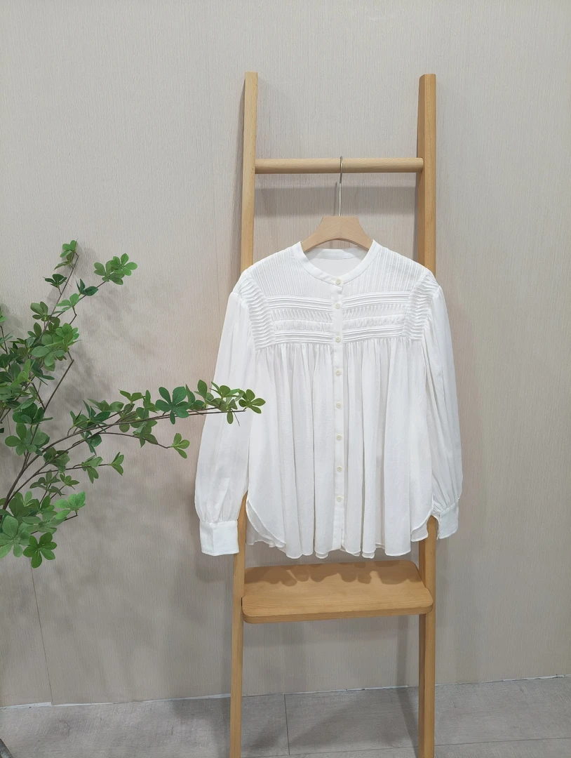 【Hua】25060春秋巴黎纱风琴褶皱减龄宽松立领衬衫