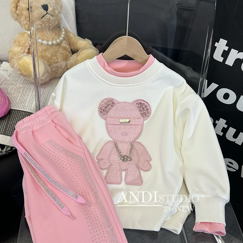 〖ANDI〗订制秋季中大童新款卡通熊加绒卫衣套装1678