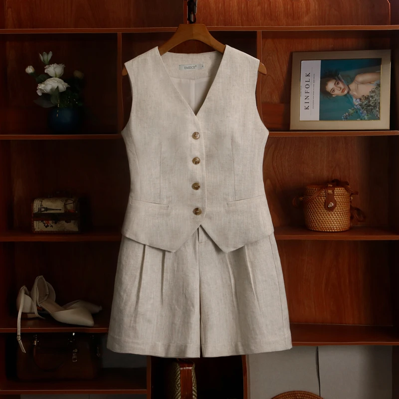 高端亚麻马甲短裤套装女2025新款夏季薄款苎麻棉麻外穿小马夹背心