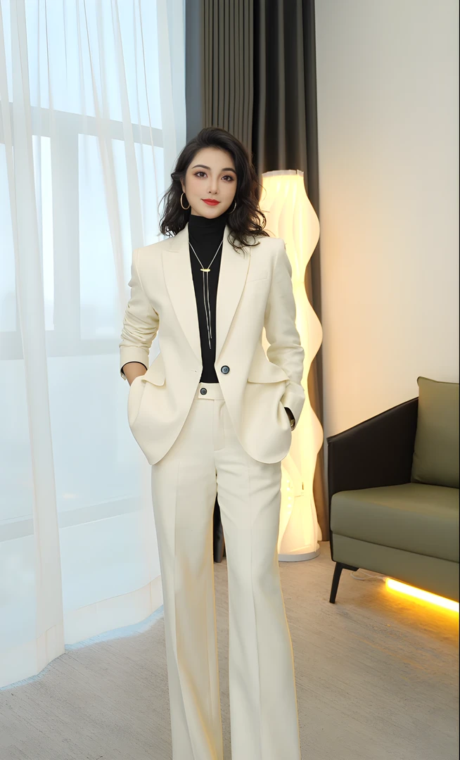 杏白色深冬厚款时尚显瘦轻职西装套装高端女士气质修身职业西服