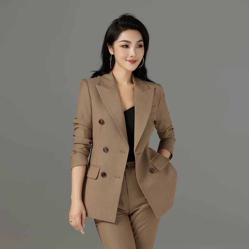 经典卡其色双排扣四季款西装套装高端女士气质修身职业白领外套