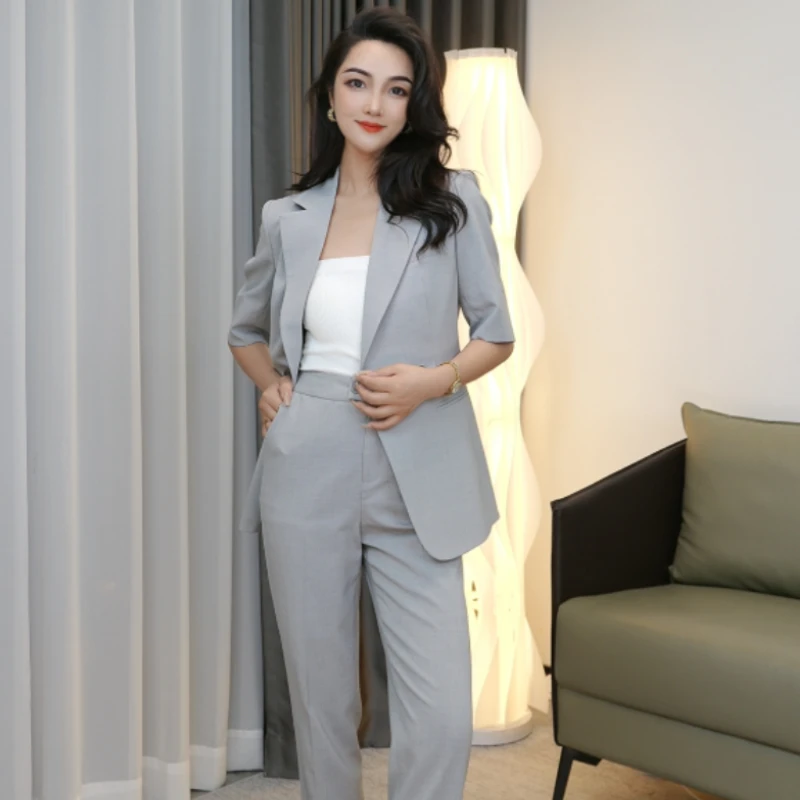 云雾灰西装套装夏季正装高级感女神范休闲清凉舒适套装女气质西装