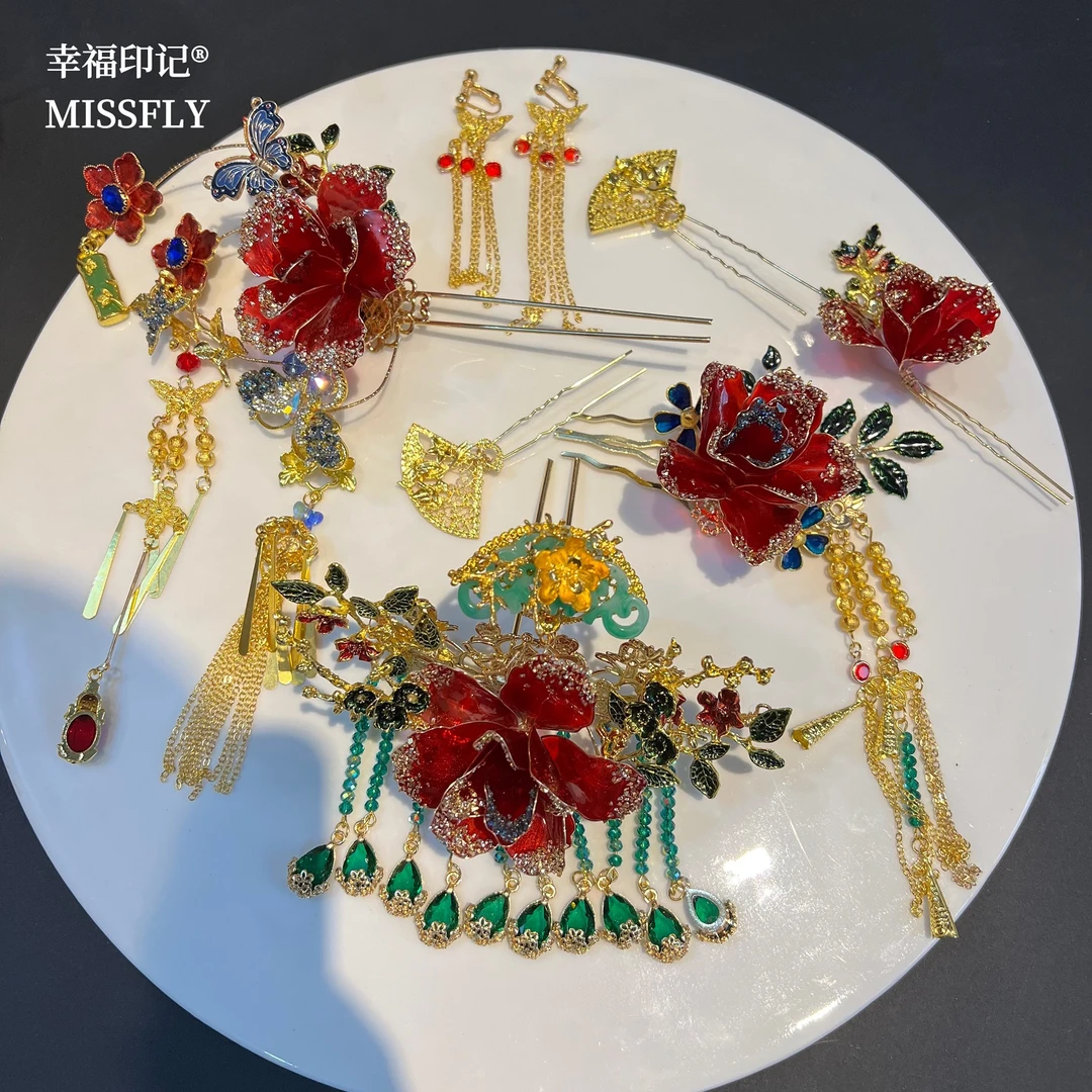 红色造液玫瑰花绿珠古风发簪秀禾头饰新娘结婚龙凤褂汉服旗袍发饰