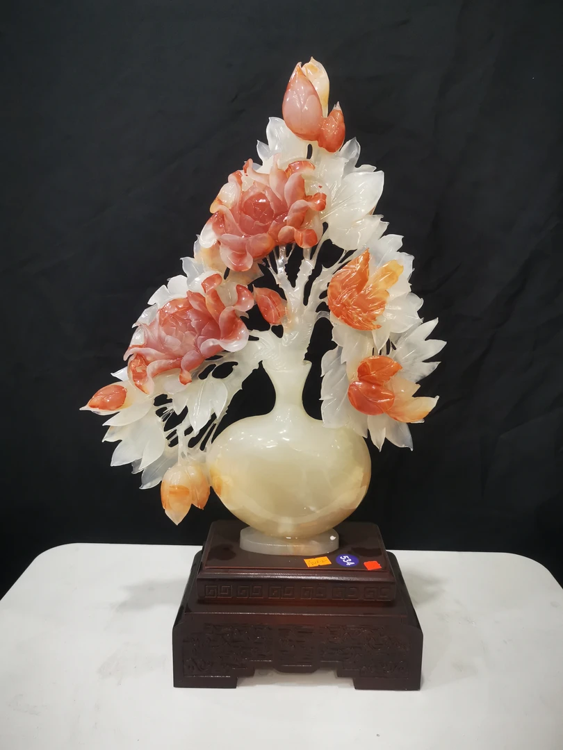 纯手工雕刻花瓶牡丹创艺家居办公玄关客厅桌面电视柜中式工艺礼品