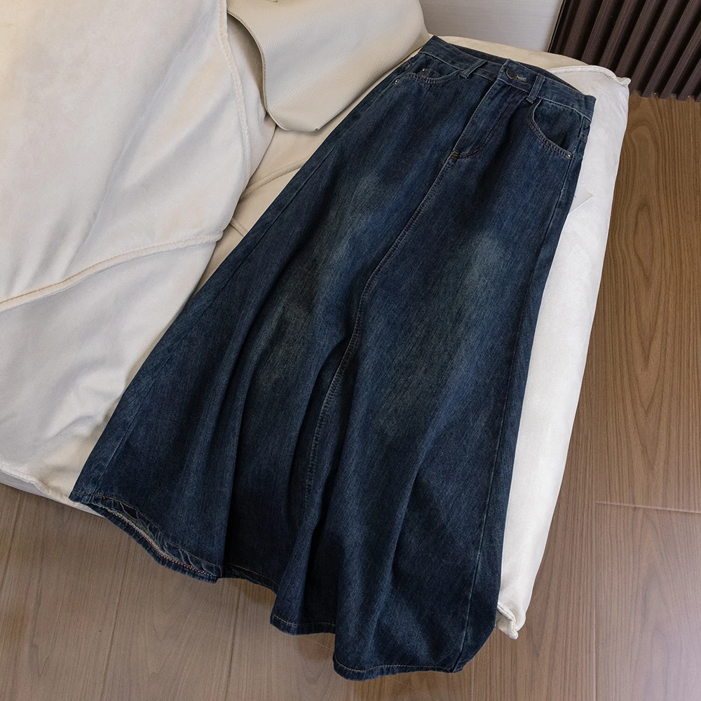 091高腰牛仔半身裙女秋季2024新款复古宽松百褶裙a字中长款半裙