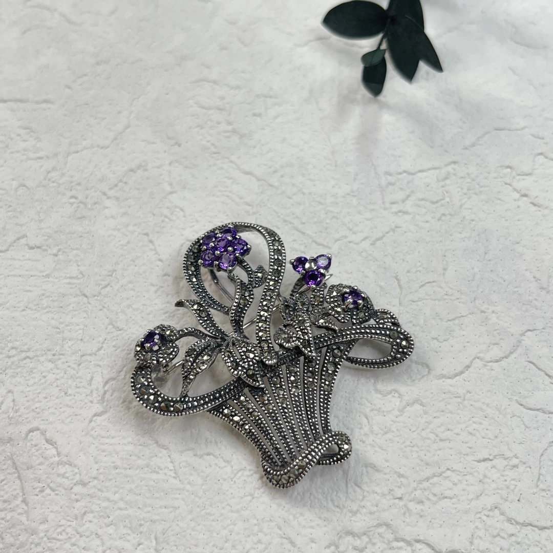 90新  【六六中古】孤品复古925紫水晶胸针th1787