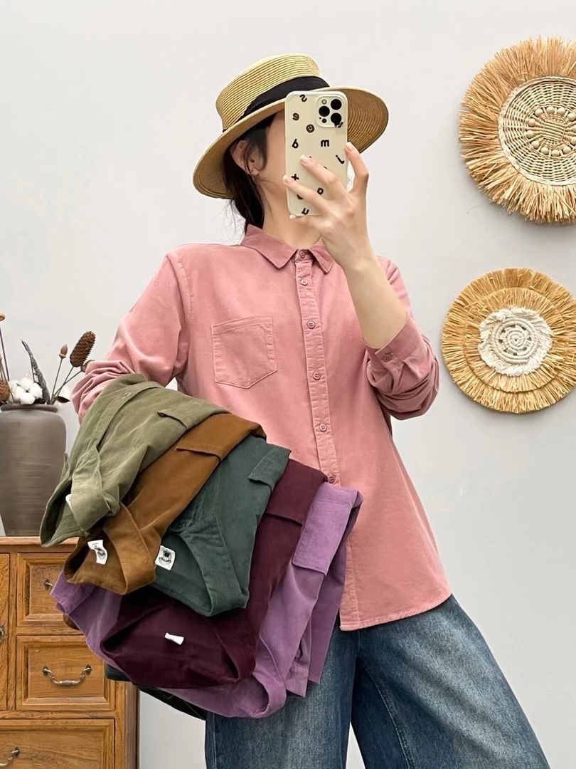 【灯芯绒】秋冬纯棉灯芯绒长袖衬衫女纯色百搭H8372