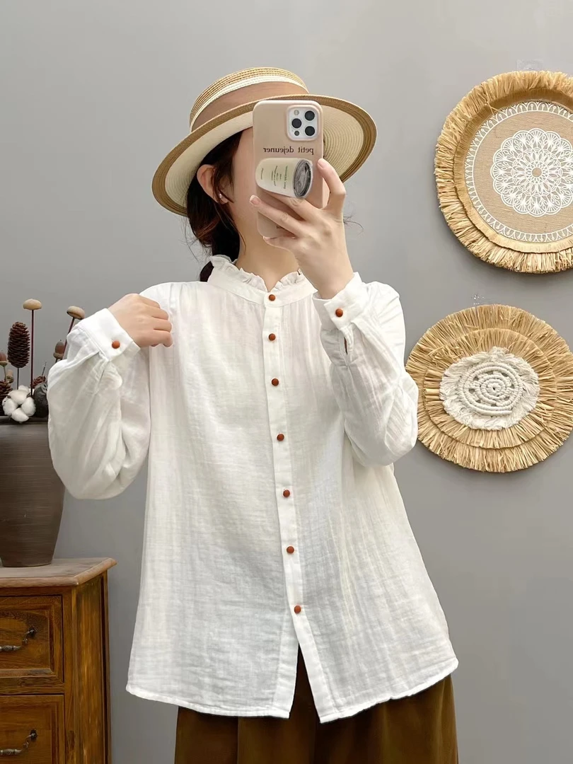 【撞色包扣】秋季双层棉纱长袖衬衫女纯棉百搭H8394