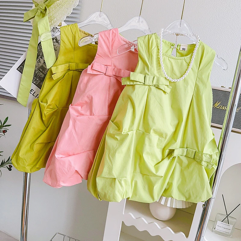 韩版2024夏季新款女童洋气花苞背心裙时髦无袖连衣裙送帽子TX838