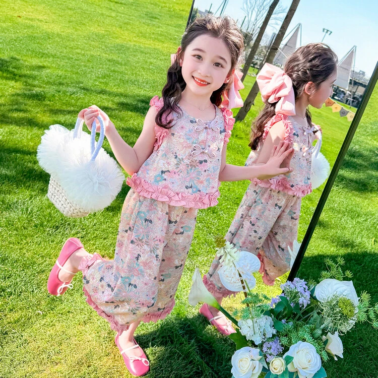 女童夏季无袖套装新款2024儿童新中式碎花短裙两件套小女孩薄夏装