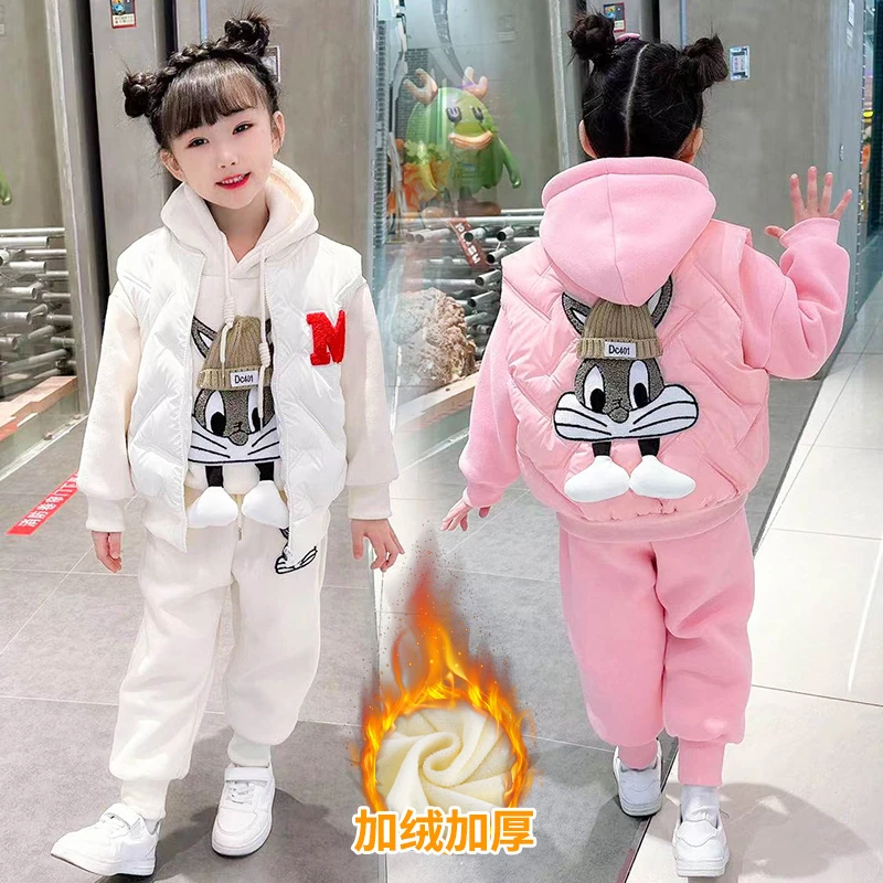 [专柜品质]女童套装冬季加绒加厚儿童洋气时尚马甲卫衣卫裤三件套