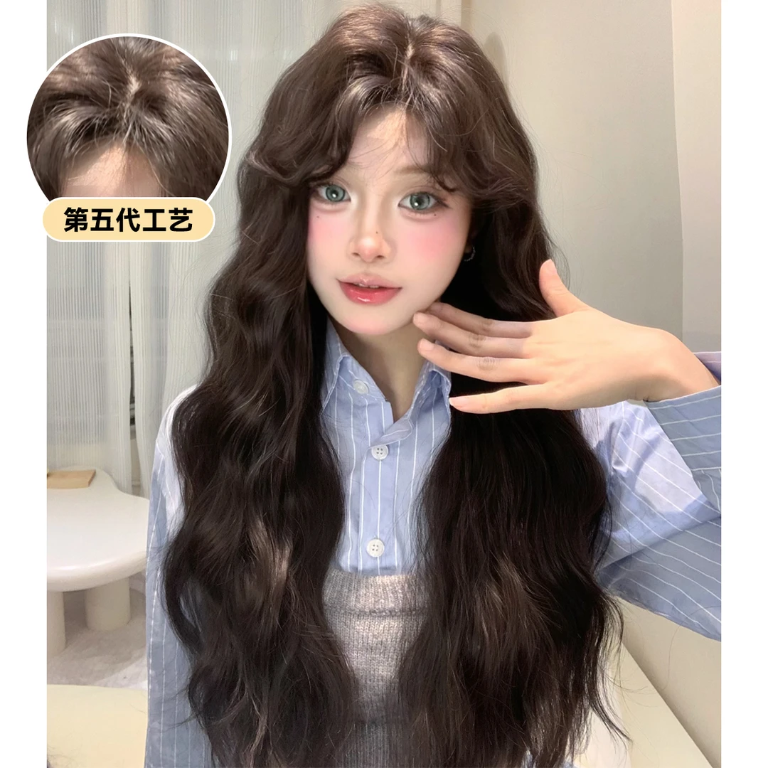 西余假发女手钩前蕾丝中分长卷发五层手织修脸网红jk全头套