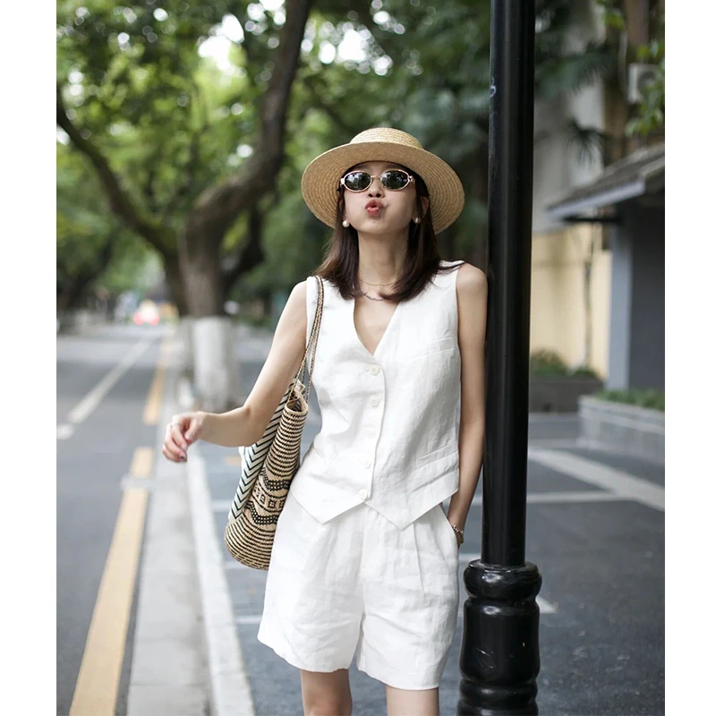 夏季极简风清冷感亚麻白色马甲慵懒风棉麻短裤气质时尚套装两件套