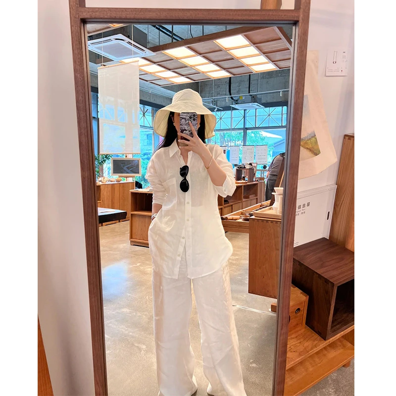 夏季薄款慵懒风白色长袖衬衫女松弛感亚麻休闲裤时尚阔腿裤套装女