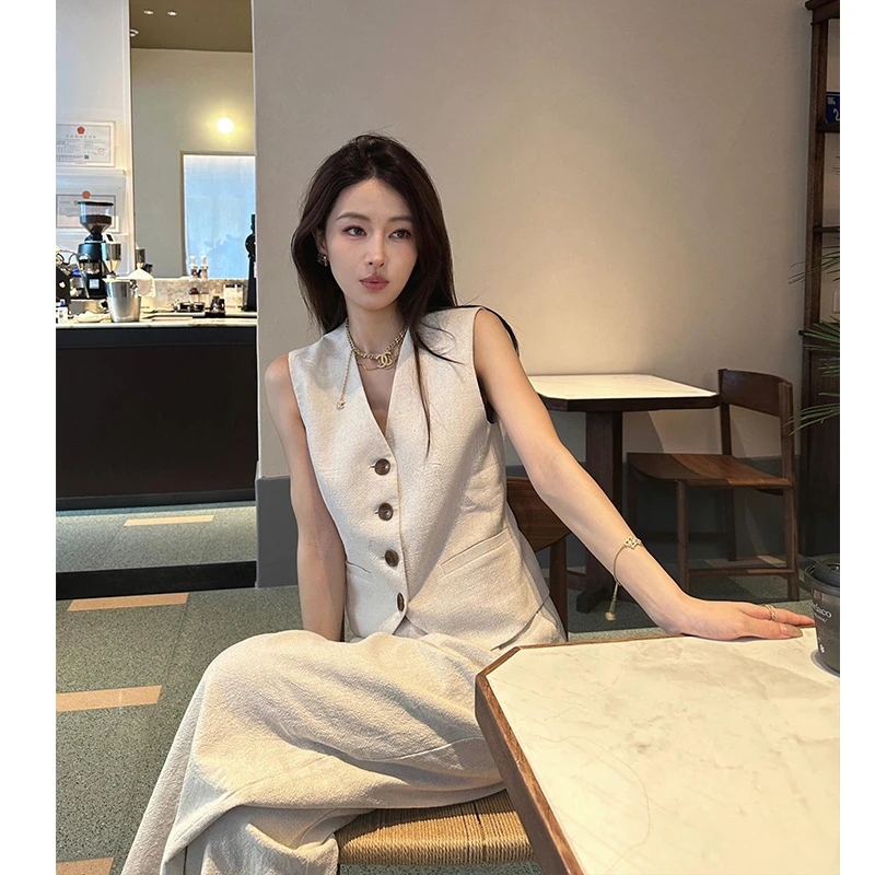 夏季卡其色亚麻马甲背心气质显瘦无袖阔腿裤长裤时尚套装两件套女
